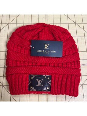 Luxury Knit Red Beanie With Faux Leather Patch & Gold Rivet Accents